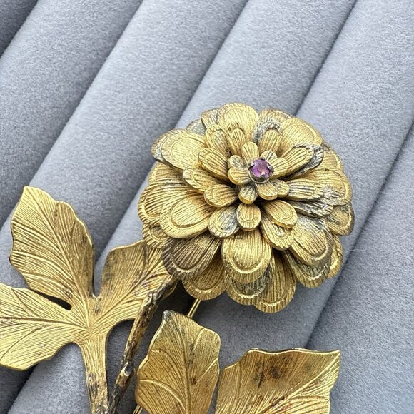 Vendome Brooch Sterling Silver Gold Vermeil Flower Floral Red Signed 3" Pin - Picture 6 of 12